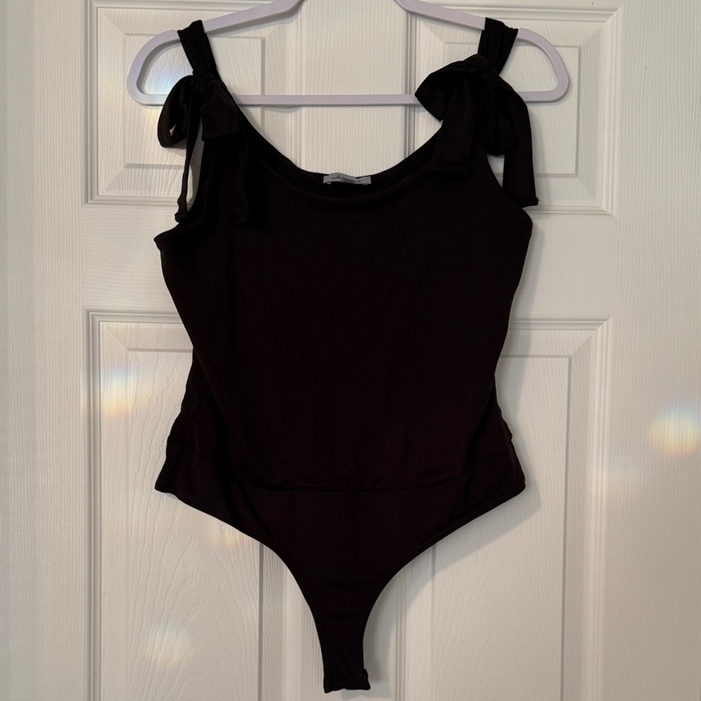 White Birch Black Bodysuit with Bow Tie Shoulders, Small